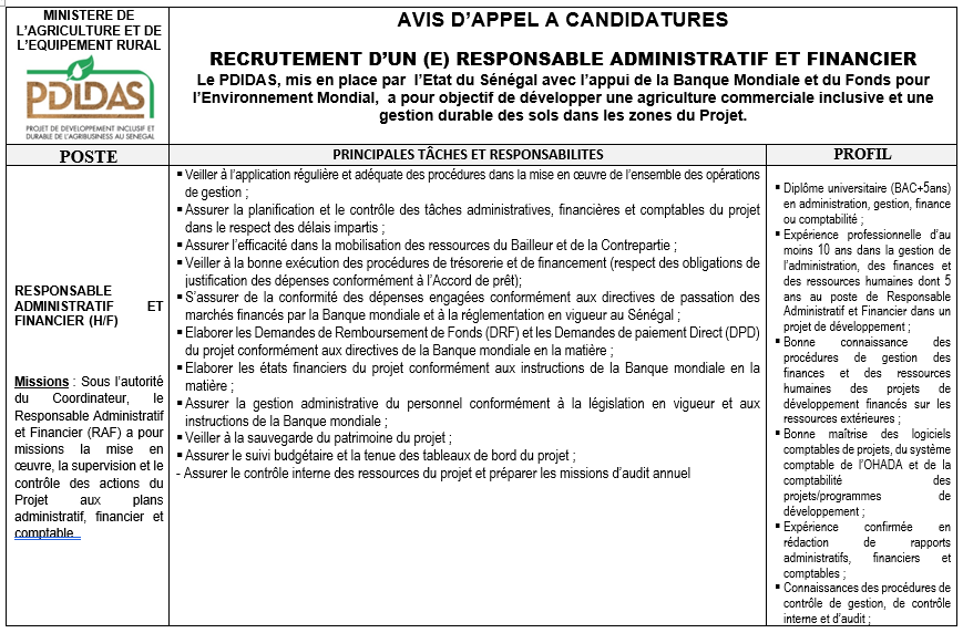 RECRUTEMENT D’UN (E) RESPONSABLE ADMINISTRATIF ET FINANCIER