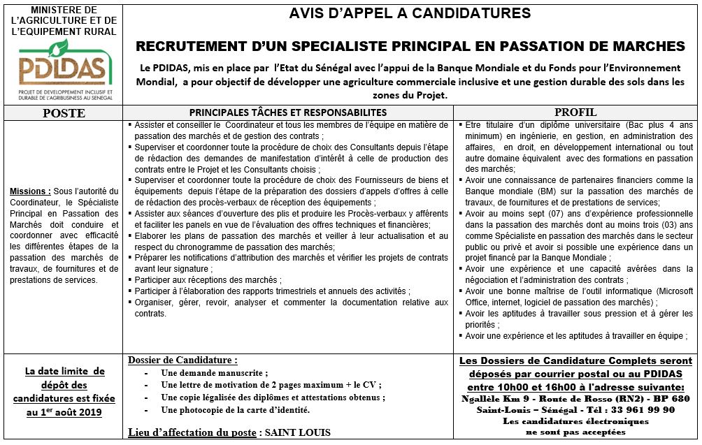 RECRUTEMENT D’UN SPECIALISTE PRINCIPAL EN PASSATION DE MARCHES